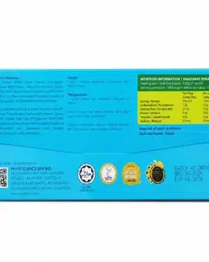 Back of the SnowphyllForte pack showing the ingredient list, usage directions and nutrition information per 3g sachet.
