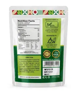 RIDA Trim Herbal Tea 20 tea bags 40g back label showing nutrition facts, active ingredients, directions and NAFDAC Reg. No. A8-9187L.