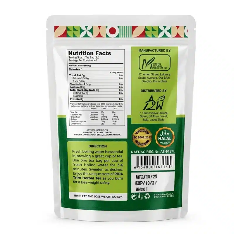 Rida Trim Tea - Natural Herbal Slimming And Detox Tea (20 Bags) - Recs-Medix Rida trim herbal tea 20 tea bags 40g back label showing nutrition facts, active ingredients, directions and nafdac reg. No. A8-9187l.