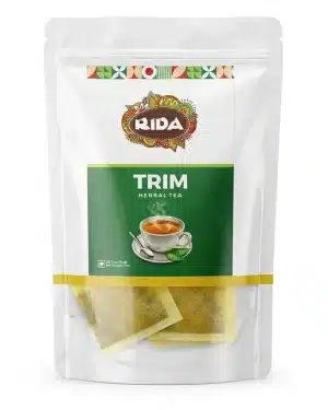 RIDA Trim Herbal Tea 20 tea bags 40g front pouch showing the RIDA logo, Trim Herbal Tea label and tea cup illustration.