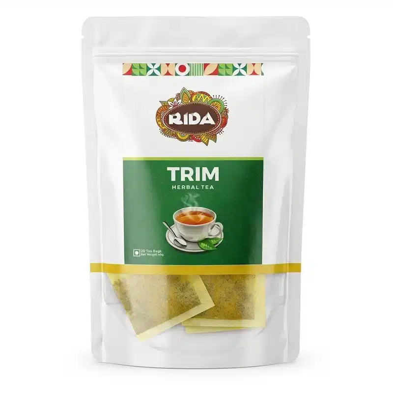 Rida Trim Tea - Natural Herbal Slimming And Detox Tea (20 Bags) - Recs-Medix Rida trim herbal tea 20 tea bags 40g front pouch showing the rida logo, trim herbal tea label and tea cup illustration.