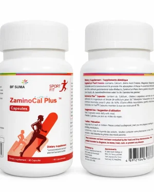 BF Suma ZaminoCal Plus dosage instructions and nutritional benefits label showing Calcium, Zinc, and Magnesium for osteoporosis prevention