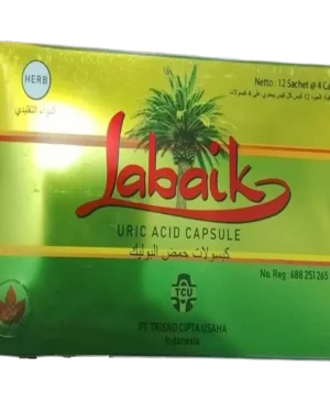 Labaik Uric Acid Capsule pack, green and yellow herbal supplement carton, traditional formula for uric acid balance and joint comfort.