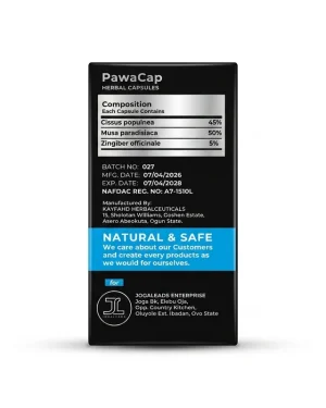 Back view of PawaCap Herbal Capsules showing ingredient composition, batch details, expiry date and NAFDAC number A7-1510L