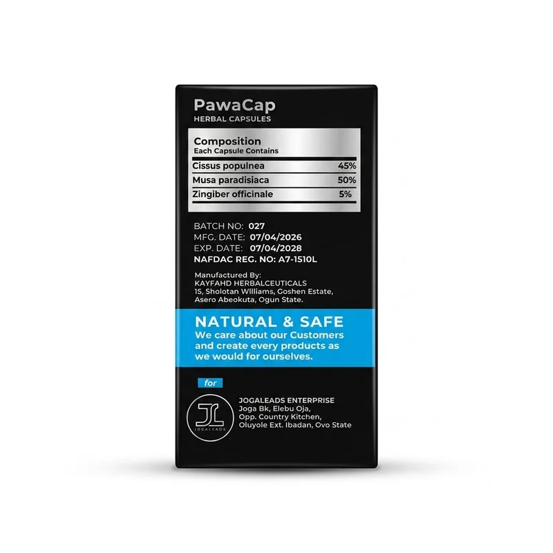 Kayfahd Pawacap &Amp; Twinx Herbal Combo – 50 Capsules - Recs-Medix Back view of pawacap herbal capsules showing ingredient composition, batch details, expiry date and nafdac number a7-1510l