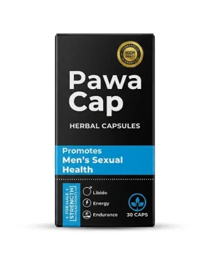 Front view of PawaCap Herbal Capsules 30-count pack with libido, energy and endurance information on a white background