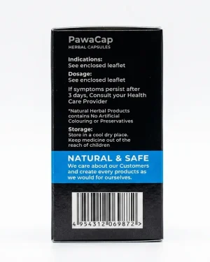 Side view of PawaCap Herbal Capsules packaging showing enclosed-leaflet dosage, safety guidance and storage instructions