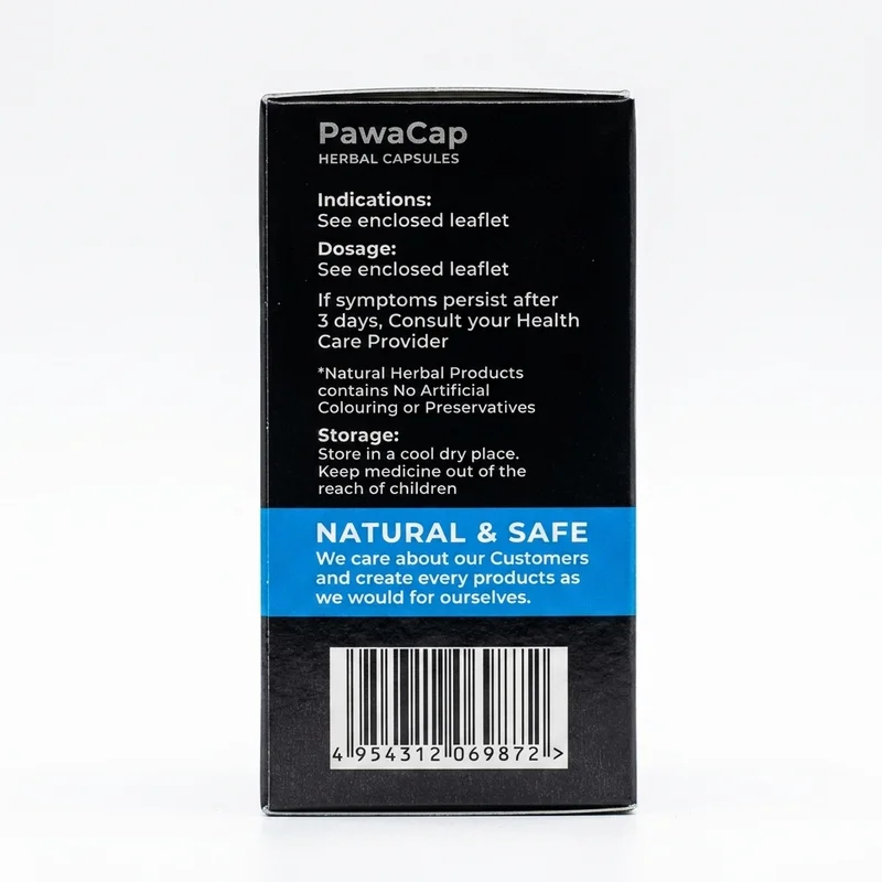 Kayfahd Pawacap &Amp; Twinx Herbal Combo – 50 Capsules - Recs-Medix Side view of pawacap herbal capsules packaging showing enclosed-leaflet dosage, safety guidance and storage instructions