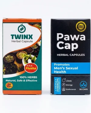 Front view of Twinx Flusha 20 capsules and PawaCap 30 capsules herbal combo packs displayed together on a white background