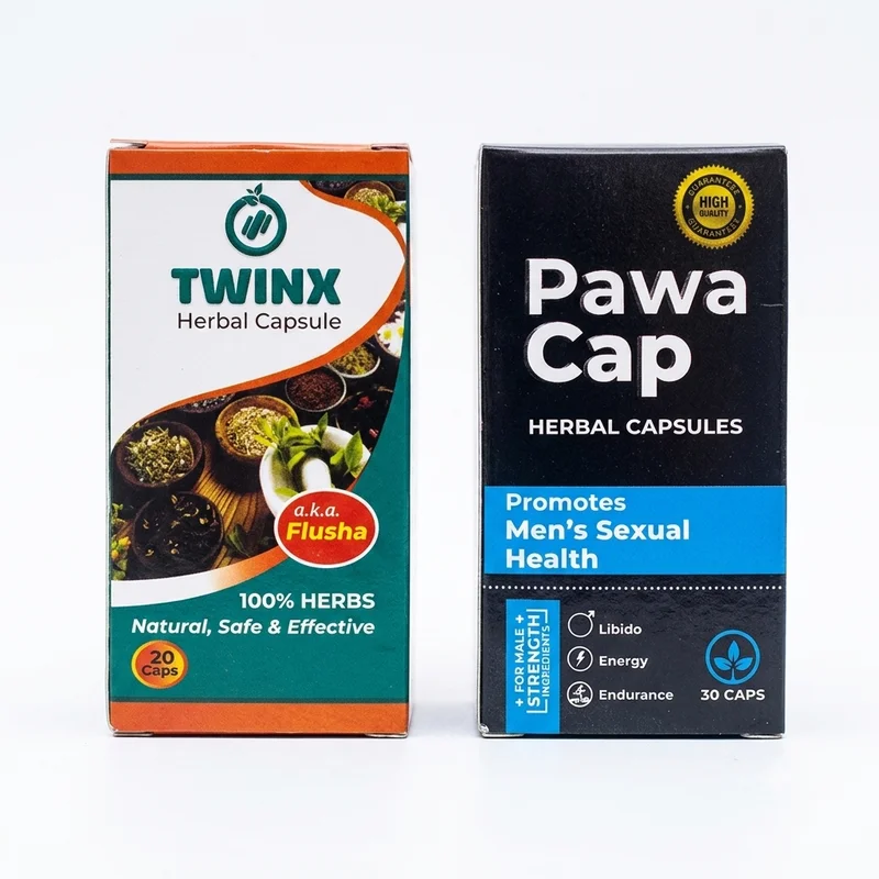Kayfahd Pawacap &Amp; Twinx Herbal Combo – 50 Capsules - Recs-Medix Front view of twinx flusha 20 capsules and pawacap 30 capsules herbal combo packs displayed together on a white background