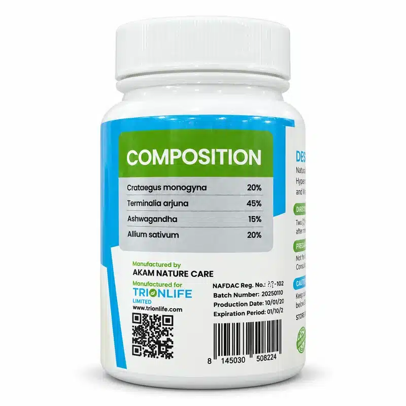 Trionlife Cardioxin – Cardiovascular Wellness Support – 60 Capsules - Recs-Medix Trion cardioxin 60 capsules bottle showing the four-herb composition, manufacturer details, nafdac information, qr code and barcode.