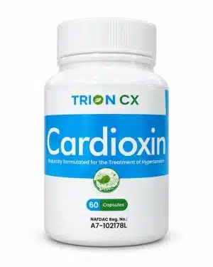 TRION Cardioxin 60 capsules white bottle front view showing the blue product label and NAFDAC Reg. No. A7-102178L.
