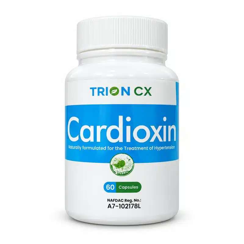 Trionlife Cardioxin – Cardiovascular Wellness Support – 60 Capsules - Recs-Medix Trion cardioxin 60 capsules white bottle front view showing the blue product label and nafdac reg. No. A7-102178l.