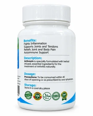 Trionlife Arthraxin Herbal Capsules bottle showing the benefits, description, precautions, storage instructions and certification icons