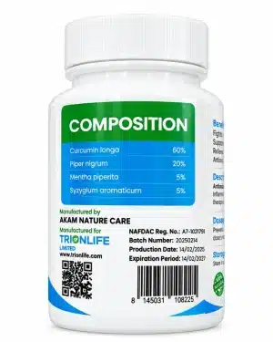 Trionlife Arthraxin Herbal Capsules bottle showing the composition panel, manufacturer details, NAFDAC number, batch details and barcode.