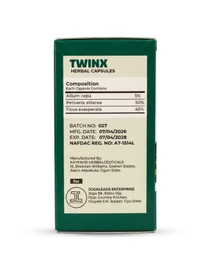 Back view of Twinx Flusha Herbal Capsules showing ingredient composition, batch details, expiry date and NAFDAC number A7-1514L