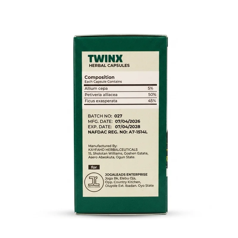 Kayfahd Pawacap &Amp; Twinx Herbal Combo – 50 Capsules - Recs-Medix Back view of twinx flusha herbal capsules showing ingredient composition, batch details, expiry date and nafdac number a7-1514l
