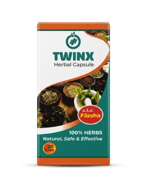 Front view of Twinx Flusha Herbal Capsules 20-count pack with 100% herbs branding displayed on a white background