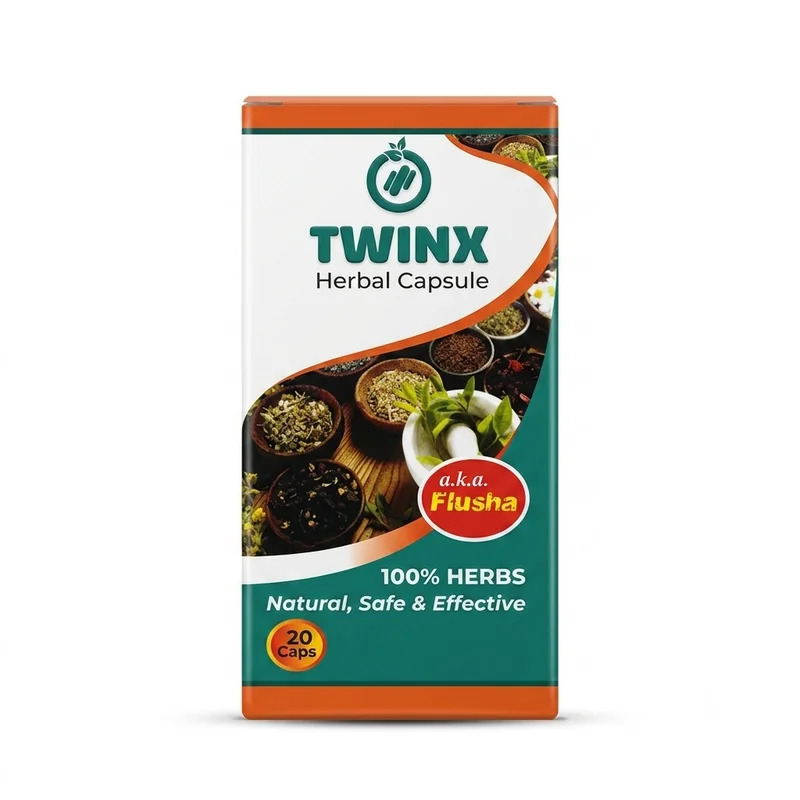 Kayfahd Pawacap &Amp; Twinx Herbal Combo – 50 Capsules - Recs-Medix Front view of twinx flusha herbal capsules 20-count pack with 100% herbs branding displayed on a white background