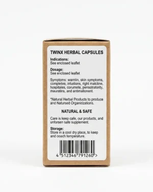 Side view of Twinx Flusha Herbal Capsules packaging showing the enclosed-leaflet dosage, indications and storage information