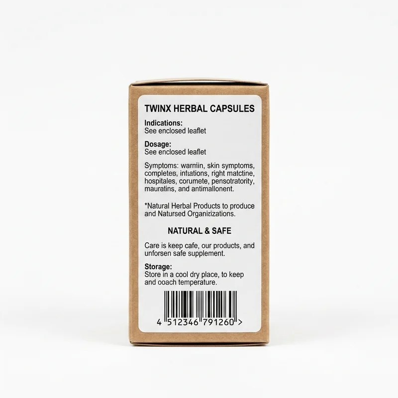 Kayfahd Pawacap &Amp; Twinx Herbal Combo – 50 Capsules - Recs-Medix Side view of twinx flusha herbal capsules packaging showing the enclosed-leaflet dosage, indications and storage information