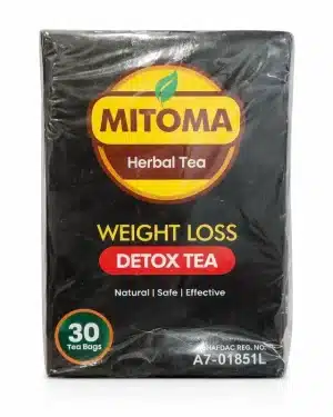 Mitoma Herbal Tea front pack, green box labelled Weight Loss Detox Tea with 30 tea bags, herbal wellness tea for a weight-management routine.