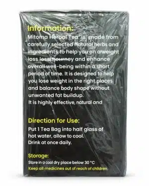 Mitoma Herbal Tea back panel showing directions for use and storage, daily herbal tea supporting a weight-management routine and digestion