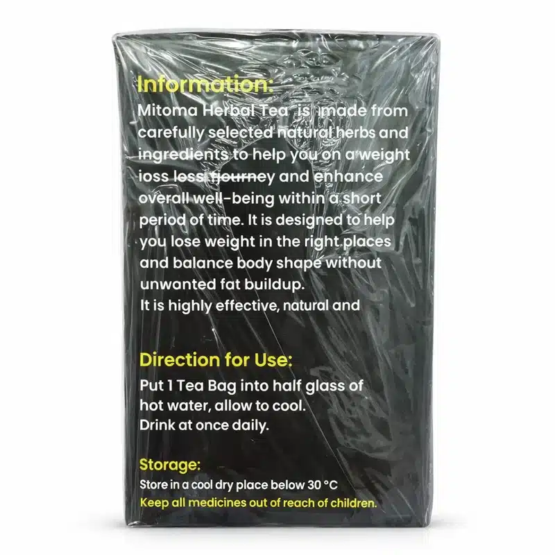 Mitoma Herbal Tea – Weight Management &Amp; Digestive Support – 30 Tea Bags - Recs-Medix Mitoma herbal tea back panel showing directions for use and storage, daily herbal tea supporting a weight-management routine and digestion