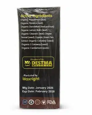 Mitoma Herbal Tea ingredients panel listing nine herbs by Destma Wellness, herbal wellness tea for digestive comfort and weight management.