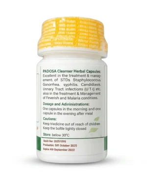 Back label of Padosa Cleanser showing dosage directions, storage instructions and NAFDAC registration number