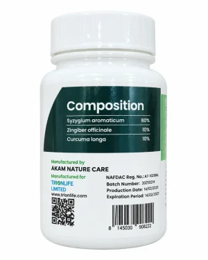 Back label of Trionlife Clovon listing clove, ginger and turmeric percentages, the manufacturer Akam Nature Care, NAFDAC number, batch details and barcode.
