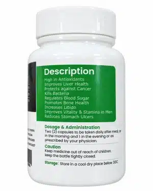 Side label of Trionlife Clovon Herbal Capsules showing dosage and administration, caution and storage instructions below 30°C.