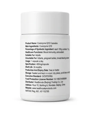 Healthcode Coenzyme Q10 capsules label showing ingredients, 1-capsule daily usage and NAFDAC registration A7-102795 for antioxidant support.