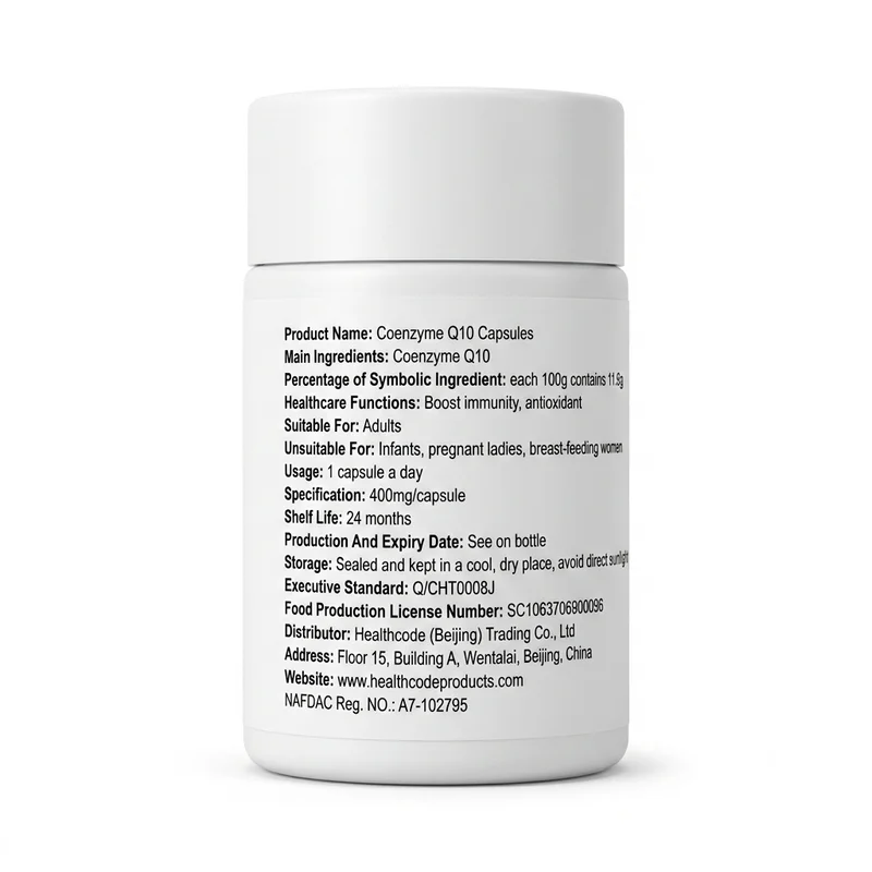 Coenzyme Q10 – Heart &Amp; Antioxidant Support – 400Mg – 30 Capsules - Recs-Medix Healthcode coenzyme q10 capsules label showing ingredients, 1-capsule daily usage and nafdac registration a7-102795 for antioxidant support.