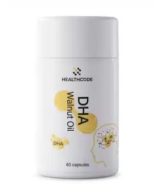 Healthcode DHA Walnut Oil Capsules, white bottle with yellow DHA brain graphic, plant-based omega-3 for brain and eye support.