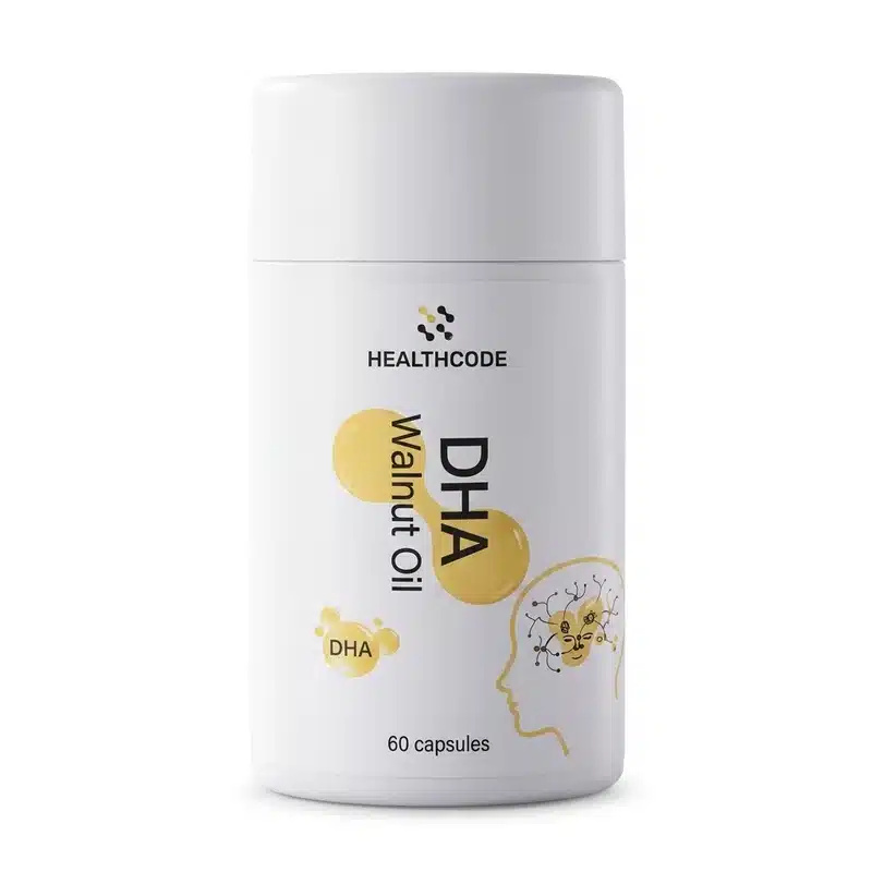 Healthcode Dha Walnut Oil – Brain, Memory &Amp; Eye Support – 720Mg – 60 Capsules - Recs-Medix Healthcode dha walnut oil capsules, white bottle with yellow dha brain graphic, plant-based omega-3 for brain and eye support.