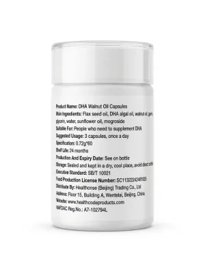 Back label of Healthcode DHA Walnut Oil showing flaxseed, algal DHA and walnut oil ingredients and NAFDAC number A7-102794L.