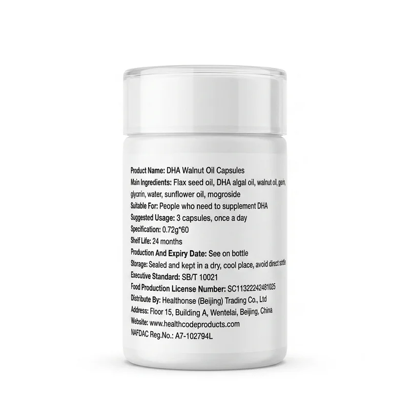 Healthcode Dha Walnut Oil – Brain, Memory &Amp; Eye Support – 720Mg – 60 Capsules - Recs-Medix Back label of healthcode dha walnut oil showing flaxseed, algal dha and walnut oil ingredients and nafdac number a7-102794l.