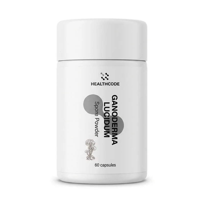 Healthcode Ganoderma Lucidum Spore Powder – Immune Support – 0.36G – 60 Capsules - Recs-Medix Healthcode sporoderm-broken ganoderma lucidum spore powder, white bottle of 60 capsules, reishi spore supplement for daily immune and antioxidant support