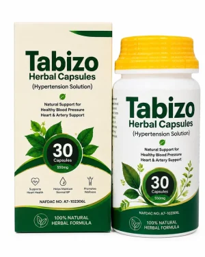 Tabizo Herbal Capsules box and bottle, 550mg 30-capsule natural herbal formula for healthy blood pressure and heart and artery support.