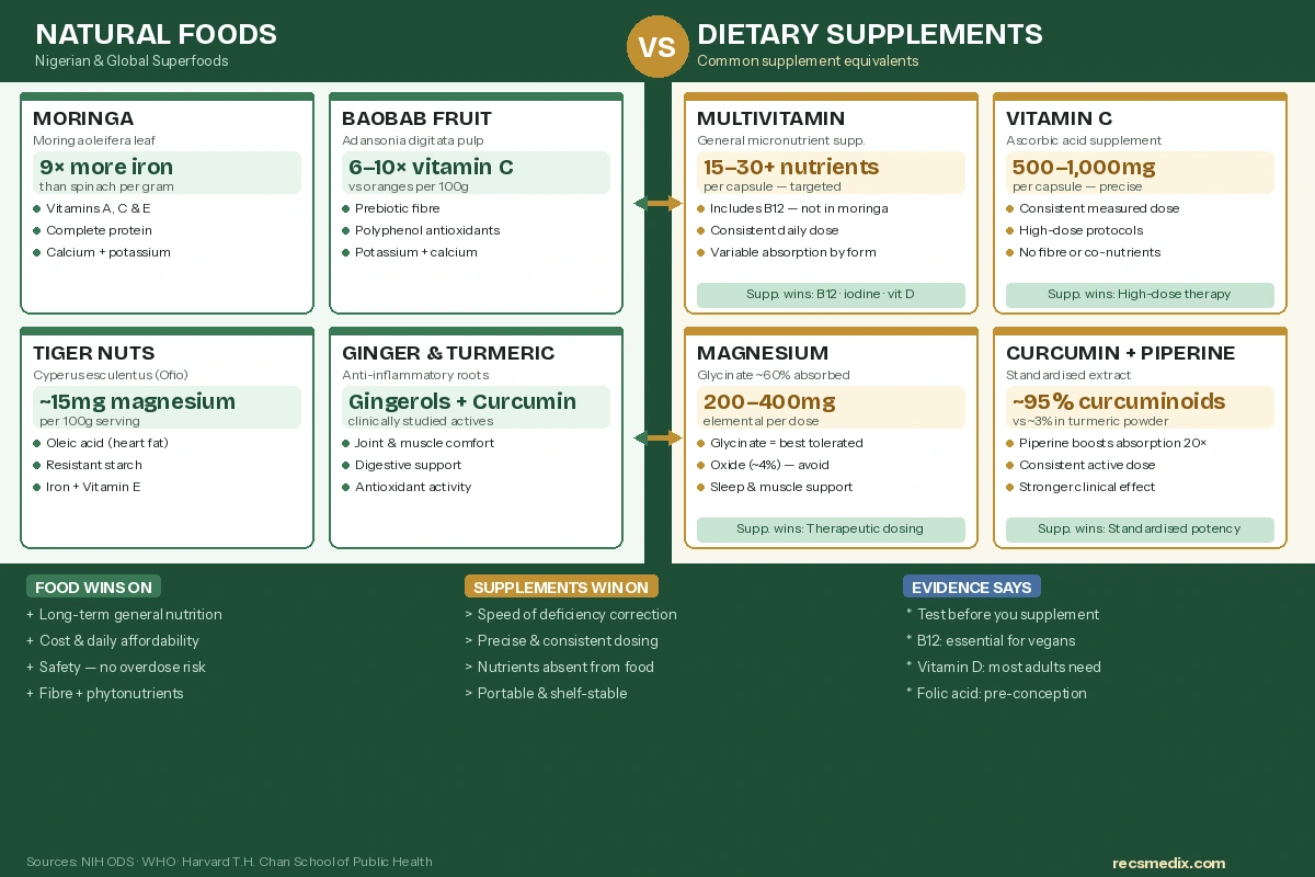 Natural foods vs supplements comparison showing moringa, baobab and vitamin supplements nutrient differences