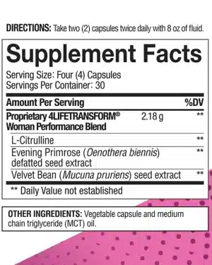 4LifeTransform Woman Supplement Facts – Proprietary Blend of L-Citrulline, Evening Primrose and Velvet Bean – 120 Capsules