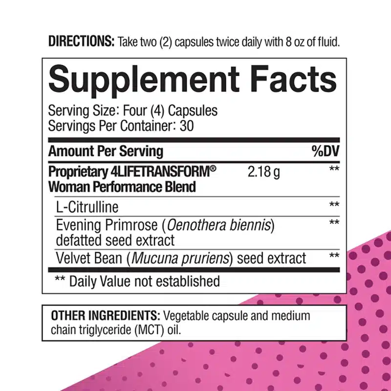4Life – Transform Woman – Women'S Cellular Health &Amp; Skin Support – 120 Capsules - Recs-Medix 4lifetransform woman supplement facts – proprietary blend of l-citrulline, evening primrose and velvet bean – 120 capsules