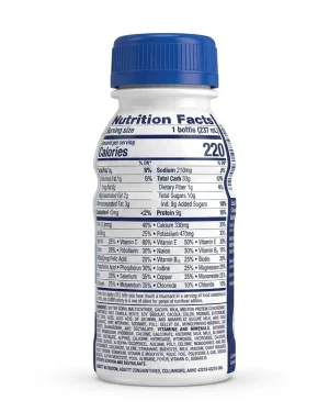 Ensure Original Milk Chocolate shake Facts panel showing 220 calories, 9g protein and 27 vitamins and minerals per 237ml serving