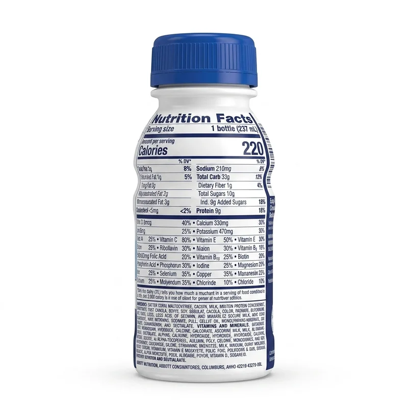 Ensure Original Milk Chocolate Shake – 237Ml Bottle - Recs-Medix Ensure original milk chocolate shake facts panel showing 220 calories, 9g protein and 27 vitamins and minerals per 237ml serving