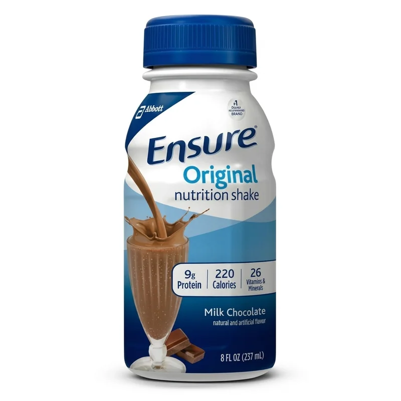 Ensure Original Milk Chocolate Shake – 237Ml Bottle - Recs-Medix Ensure original milk chocolate shake, 237ml bottle with blue cap, ready-to-drink chocolate shake for balanced daily nutrition support