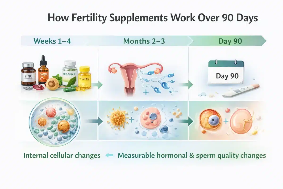 Fertility-Supplement-Timeline-90-Days Infographic showing how fertility supplements work over 90 days with internal cellular changes in weeks 1 to 4 measurable hormonal and sperm quality changes in months 2 to 3 and pregnancy test assessment at day 90