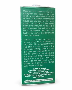 Proman Prostate Support side panel showing product description, safety cautions and Flypost brand ownership details
