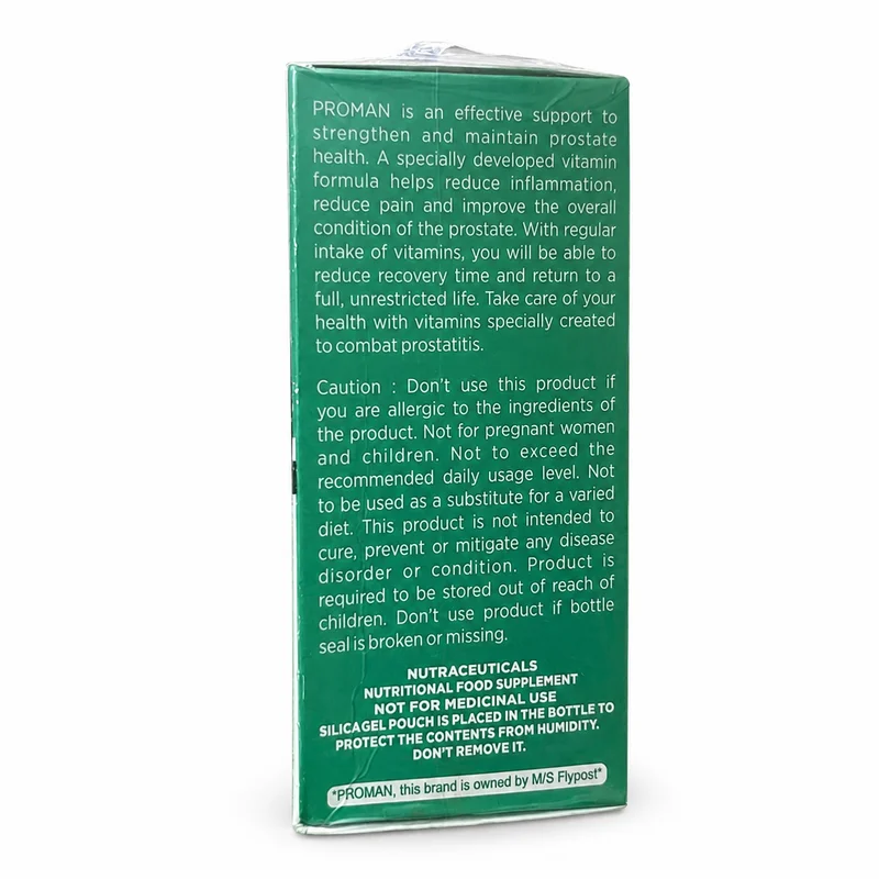 Proman Prostate Support – Beta-Sitosterol &Amp; Lycopene – 20 Capsules - Recs-Medix Proman prostate support side panel showing product description, safety cautions and flypost brand ownership details