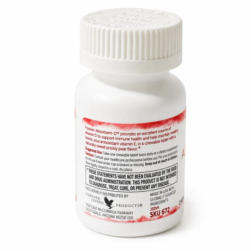 Forever Absorbent-D – Vitamin D &Amp; E Chewable Support – 20 Mcg/12 Mg – 60 Tablets - Recs-Medix Forever absorbent-d back label showing suggested use, cautions, and forever living products manufacturer details